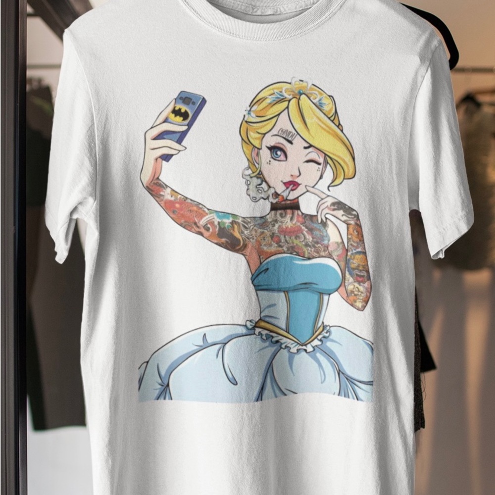 Cinderella Cindy Tatted Tattoo Batman Selfie Wink, Wink Women’s White Tee NWT